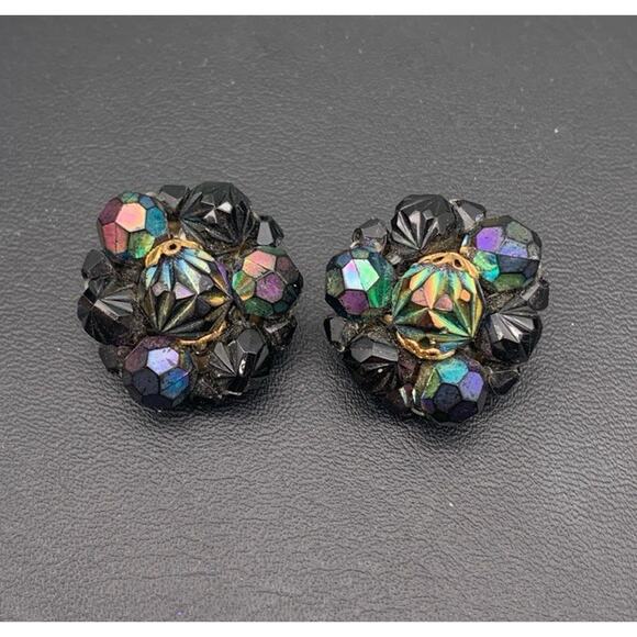 Vintage West Germany Oil Slick Iridescent AB Coated Cluster Clip On Earrings - Picture 1 of 5